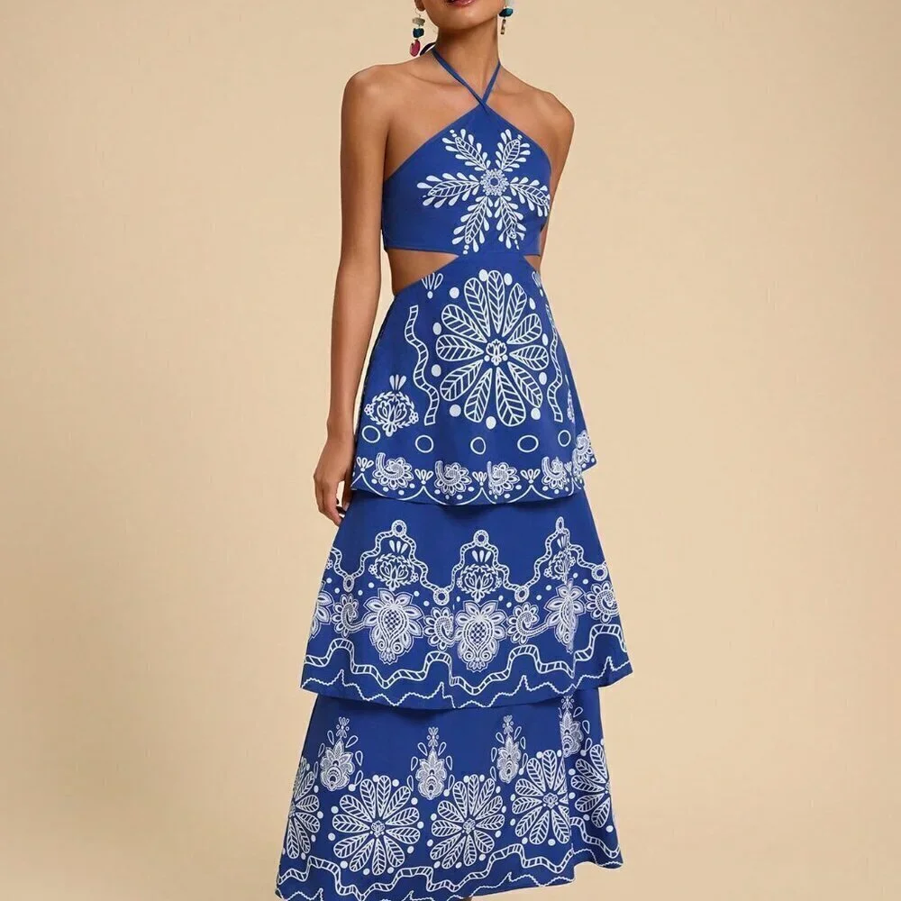 Blue Boho Women's Vacation Chiffon Floral Print Backless Halter Dress